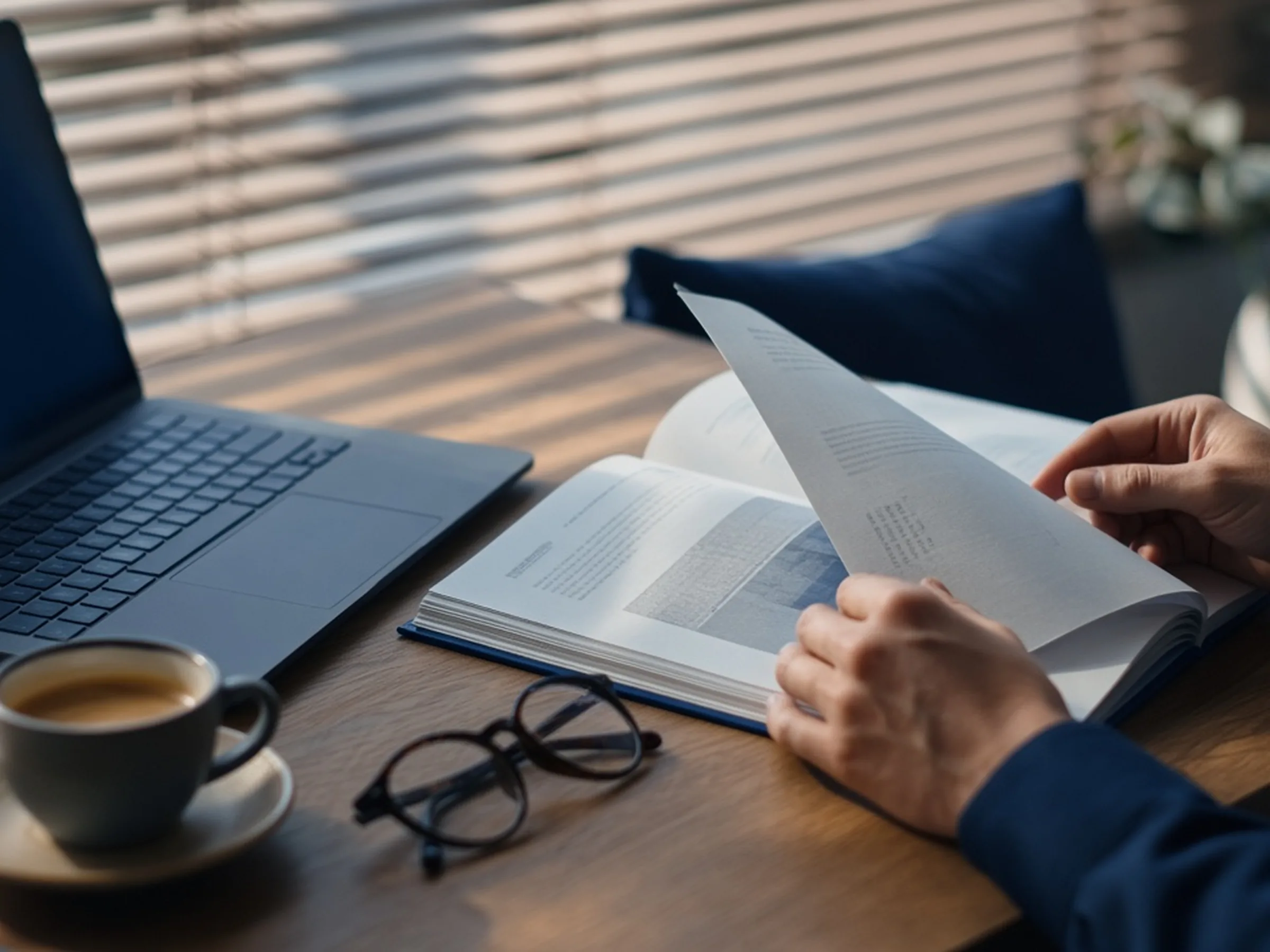 Hands leafing through a document next to a laptop, a coffee and glasses