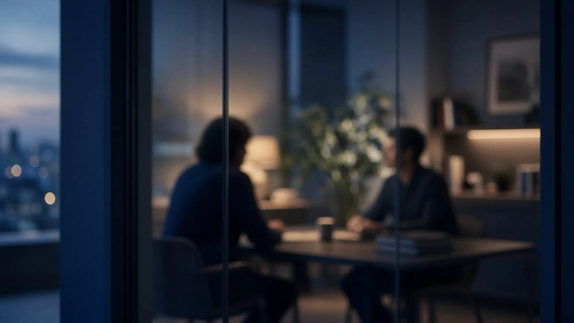 Duas pessoas a conversar à mesa, num escritório ao entardecer, vistas através do vidro
