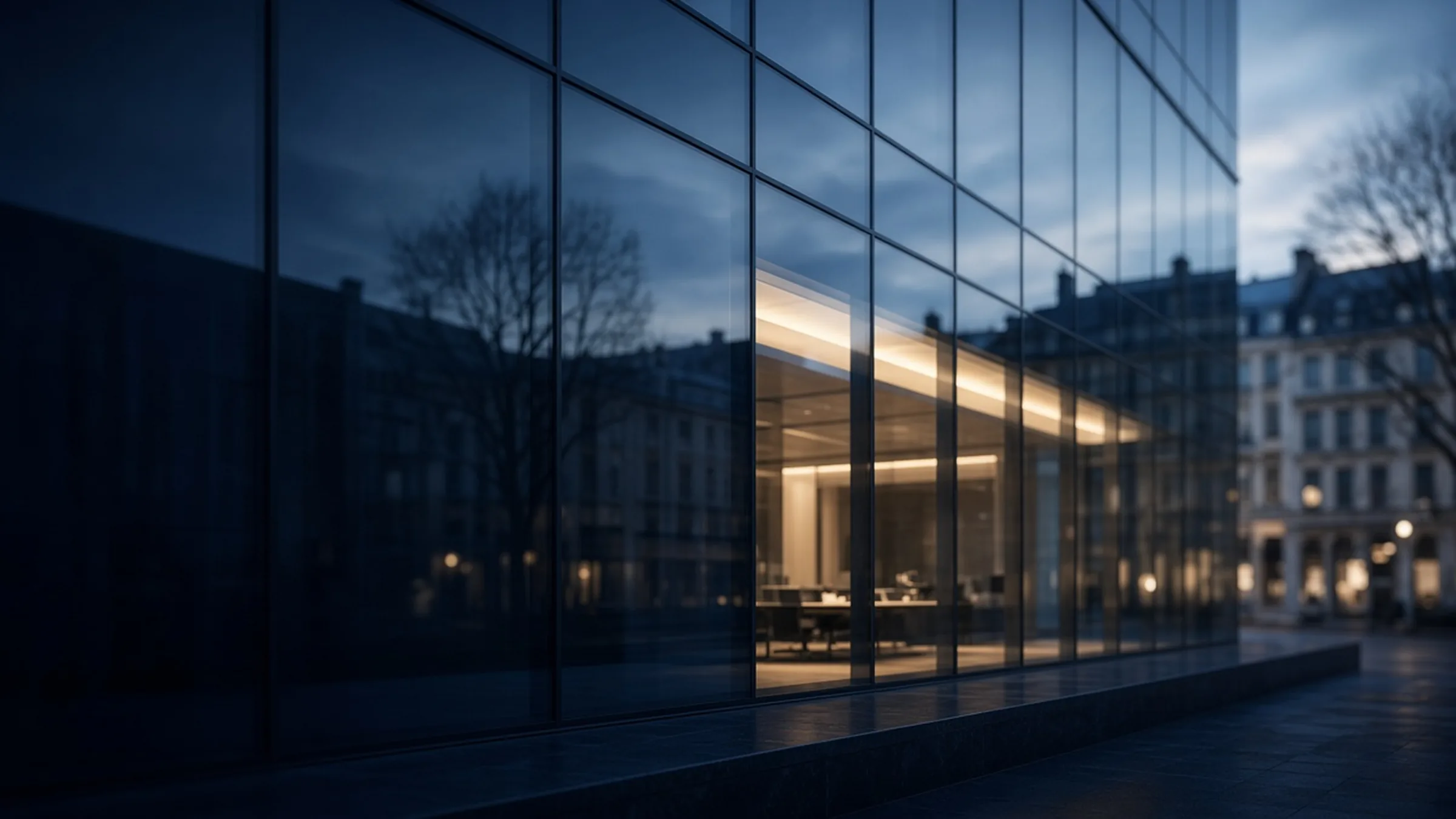Fachada de cristal de una institución al atardecer, en la que se reflejan los edificios históricos de enfrente