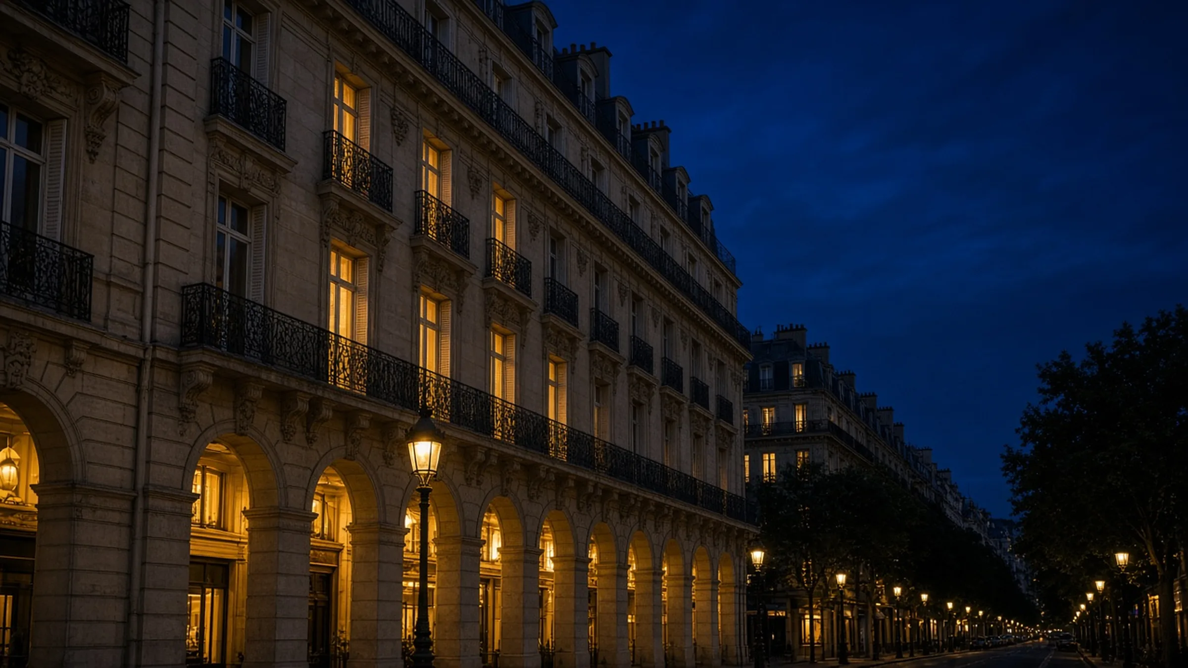 Rue de la capitale au crépuscule, réverbères allumés