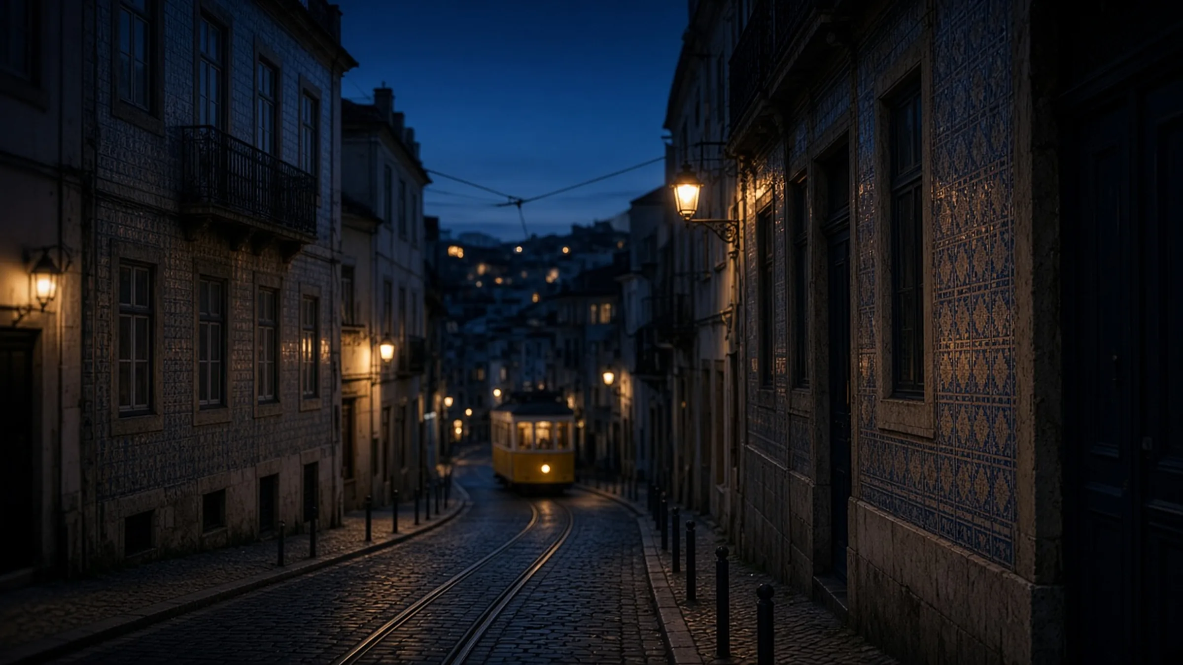 Rua da capital ao entardecer, com os candeeiros acesos